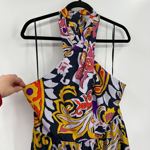 NWT J. CREW Blue Yellow Paisley 100% Silk Sarong Boho Summer Midi Dress Size 14 - Picture 3 of 10